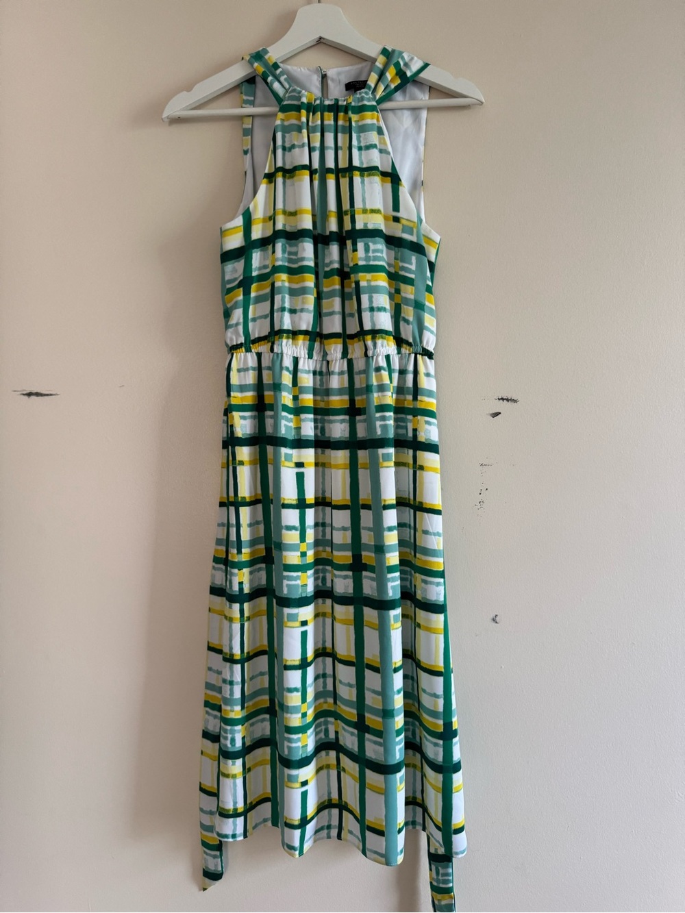 Ann Taylor Green, Yellow & White Plaid Halter Midi Dress